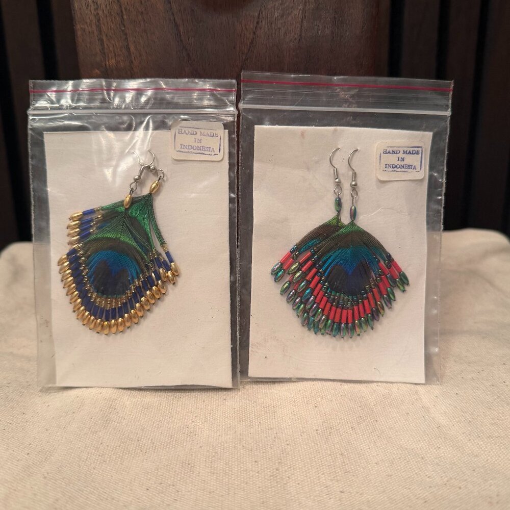 Vintage(?) Peacock Feather Earrings w Silver Hooks & Beaded Tips - Set of 2